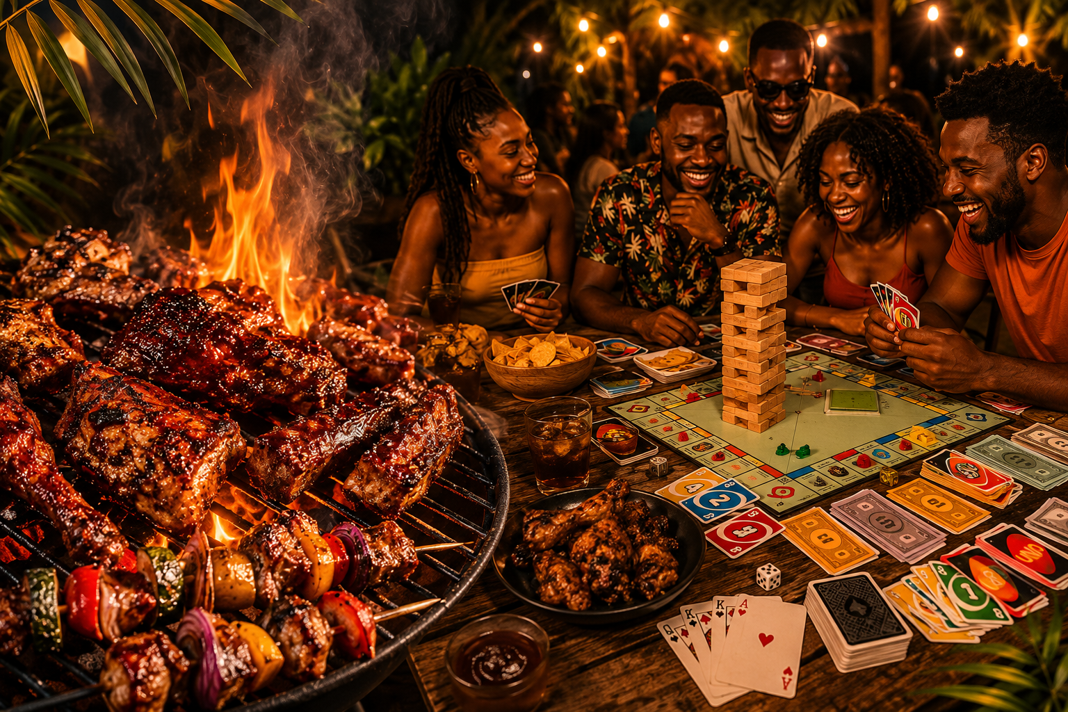 Nyama choma jerk chicken BBQ on the left, friends laughing while playing UNO and Jenga at Choma na Marafiki on the right